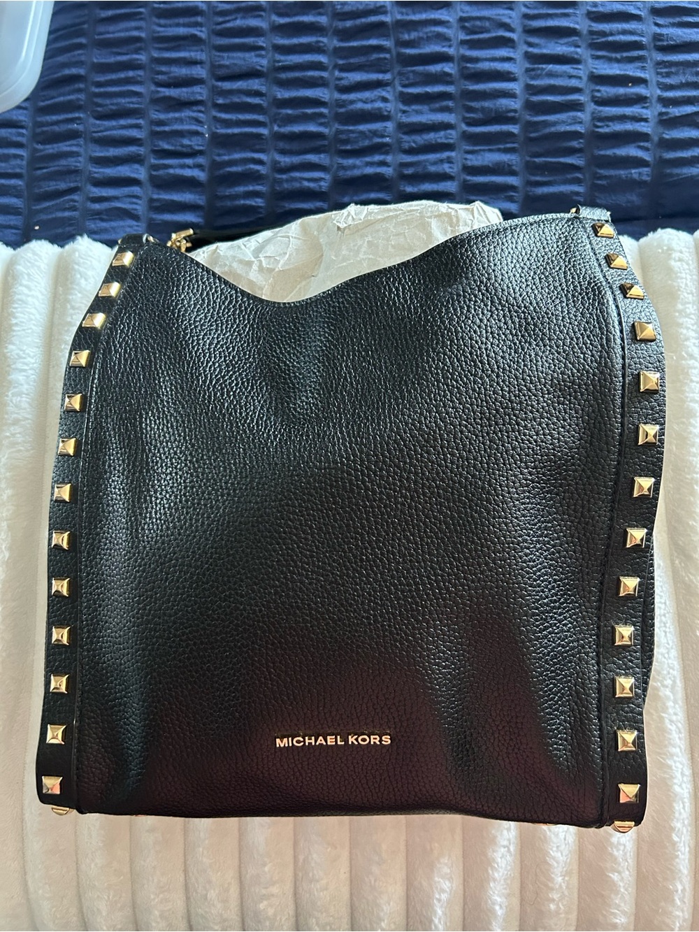 30% off Michael Kors Black Pebbled Leather Shoulder Bag with Gold Stud Accents